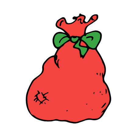 Vector bag of red color with a green bow. A doodle-style Santa Claus bag with gifts is an isolated element for Christmas on a white background.のイラスト素材