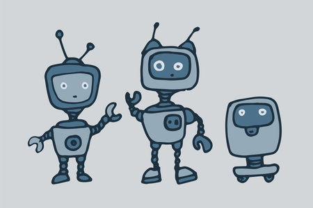 Vector Set of robots in flat style. Hand-drawn cartoon robots in doodle style, with hands and on wheels with antennas, androids of gray-blue color on a gray background for a design templateのイラスト素材