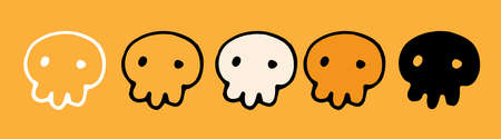A set of funny skulls for Halloween. Vector set of a cute white and orange skull drawn in the style of doodles with dot eyes and a black outline and silhouette on an orange background for a Halloween holiday design template. Flat icon on yellow backgroundのイラスト素材