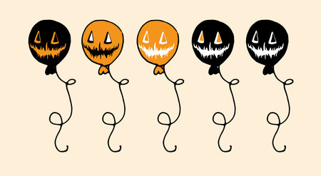 Vector set of a balloon for Halloween. a collection of orange and black colored balloon in the style of doodles with a sinister smile of Jack, with a rope spiral, for a Halloween design template of labels, packaging. Vector pattern. Animal seamless pattern.のイラスト素材