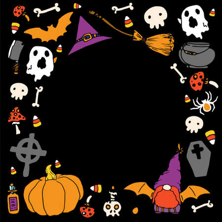Doodle template halloween color, great design for any purposes. Vector template with an empty round space for text for Halloween. Square frame of orange pumpkins, gnome, bats, bones and skulls, spider, and cartoon ghosts on a black backgroundのイラスト素材