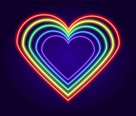 Neon heart sign made of multicolored lines. Vector isolated love symbol made of glowing outlines of red, blue, green, yellow and purple rainbow colors on a blue background for a love design template. Bright neon heart. Heart sign on dark transparent background. Neon glow effect. Vectorのイラスト素材