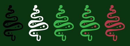 Vector set of Christmas tree with a green curved line and red dots balls. A set of hand-drawn Christmas tree, simple curved lines texture, different colors on a green background for a festive Christmas and New Year template. Doodle element. Vector drawing. Outline symbol collection. Vector pattern.のイラスト素材