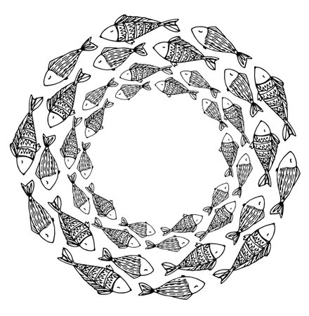 Vector whirlpool of fish. Vector doodle fish template with a pattern of wavy lines floating in a circle, with an empty space inside for text, an element for a label design template, signage. Vector circular drawing of a fish. Vector doodle fish template with a pattern of wavy lines floating in a circle, with an empty space inside for text, an element for a label design template, signage. Vector circular pattern of fish. Vector pattern of doodle fish with a pattern of wavy lines floating in a circle with an empty space inside for text, an element for a label design template, signage.のイラスト素材