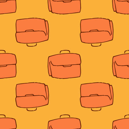 Vector pattern from an orange portfolio on a yellow background. hand-drawn in doodle style simple school briefcase for autumn color design template. Retro pattern for paper design. Design element. Vector graphicのイラスト素材