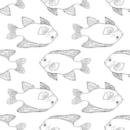 Vector pattern of Garibaldi fish, black contour isolated sea fish for a design template. Seamless pattern of hand-drawn fish sketches in different directions on a white background.のイラスト素材
