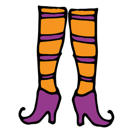 Vector witch legs in flat style. hand-drawn doodle-style legs of a woman with orange stockings with purple stripes, purple shoes with heels, isolated for halloween design template.のイラスト素材