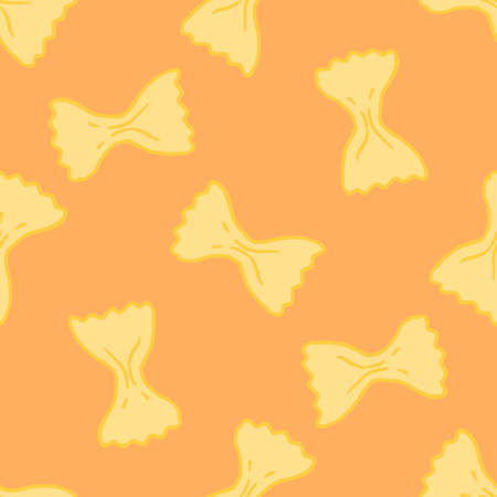 Vector pattern of farfalle pasta in flat style. Seamless pattern of hand-drawn yellow bow pasta randomly placed on an orange background for a packaging design template, labels, menus.のイラスト素材