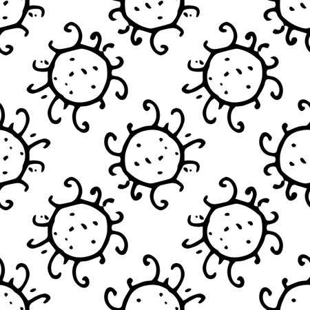 Vector seamless pattern made of a round shape. A pattern of bacteria with short tentacles with curls, hand-drawn with a black line in the style of a doodle on a white background for a medical design template.のイラスト素材