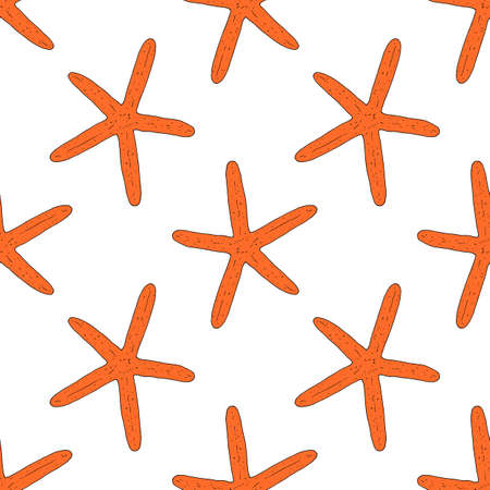 Seamless pattern of orange starfish. a vector pattern in the sketch style. a realistic drawing of a starfish is randomly placed on a white background for a summer design template.のイラスト素材