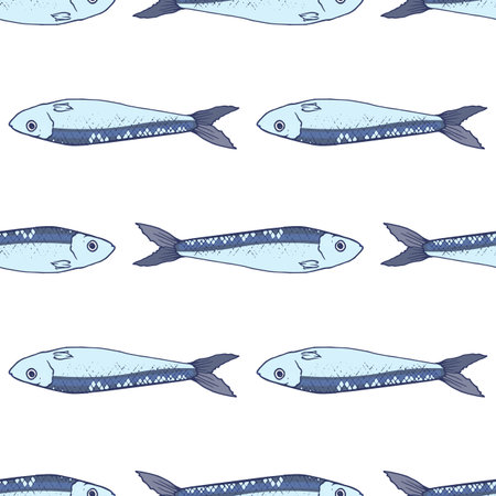 Vector Pattern of blue sardines. Seamless pattern of a hand-drawn sketch of small SARDINE fish, blue-gray color with a blue outline, side view, isolated seafood on a white background for a design template.のイラスト素材