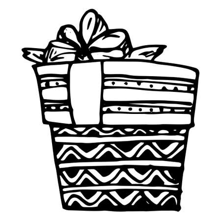 Vector gift box. A rectangular box drawn in the doodle style, a bow on top with a pattern of lines, triangles and dots, an isolated black outline on a white background for a design template. gift box and doodle style bow for design templateのイラスト素材