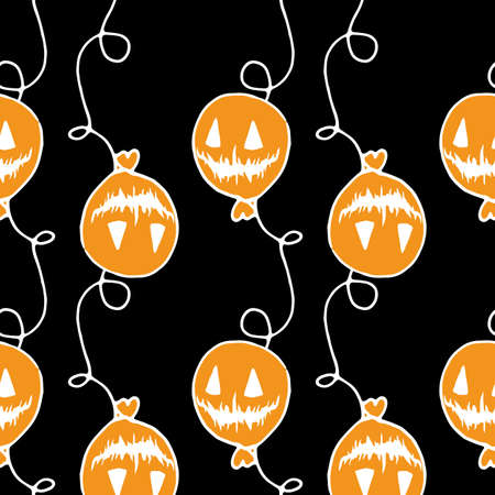 Seamless balloon pattern for Halloween. an orange balloon pattern with a white outline in the style of doodles with a sinister Jack's face, with a rope spiral located on a black background for a Halloween design template.のイラスト素材