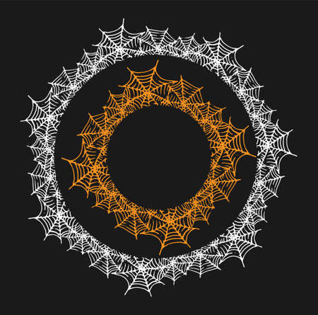 A round frame made of cobwebs with an empty space for text. A set of black and orange spider web pattern in the style of doodles on black for a Halloween design template. Vector frame made of spider web with an empty space for text. A vector spider is hangingのイラスト素材
