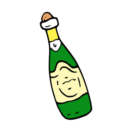 Champagne bottle icon in flat style. a drawing in the form of a hand-drawn doodle in the style of a champagne bottle, a green outline on a white background for a design template for celebrating Christmas. art doodle champagne bottle for celebration design.のイラスト素材