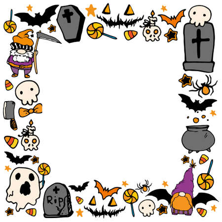 Vector template for Halloween. square frame of cartoon ghost, hat, pumpkin, skull, lollipops, bones, skull, candy, lollipops, bat, spider web in bright orange color with empty space for your text on a white background.のイラスト素材