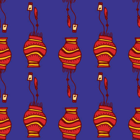 pattern of red Chinese lanterns. Seamless pattern of hand-drawn Japanese red street lamp with a pattern of stripes of yellow patterned lines, black outline on a dark blue background for a design template.のイラスト素材
