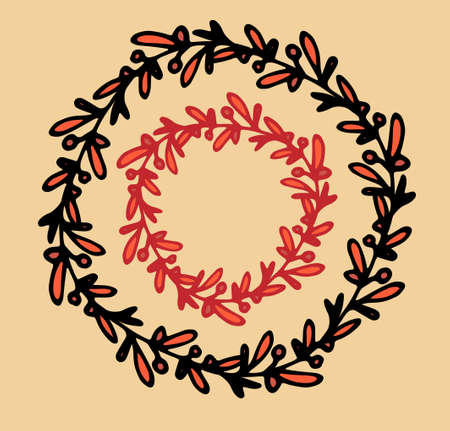 wreaths of twigs with berries. a set of round borders made of an autumn branch drawn in a doodle style with orange leaves and red berries on orange with an empty space for text inside for a design template.のイラスト素材