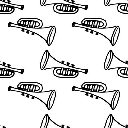 a pattern from a musical trumpet. A seamless pattern of a hand-drawn doodle-style musical instrument pipe, an isolated black outline is often placed on a white background.のイラスト素材