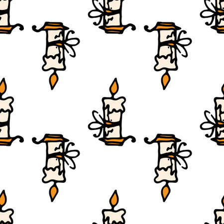 A pattern of a candle burning in a candlestick. The seamless pattern of a doodle drawn in the style is a wax candle with a bow, with an orange flame on a candlestick with a handle.のイラスト素材
