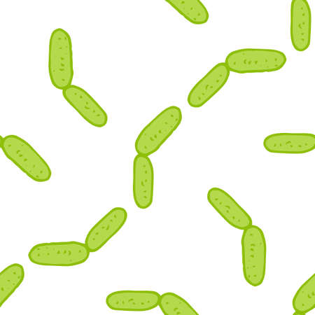 a pattern of a green microbe in a flat style.Seamless pattern in the style of hand-drawn doodles, a double bacterium of bright green color with a contour and texture of dots on a chaotic white background for a design template. Medical illustration. Vector drawing.のイラスト素材