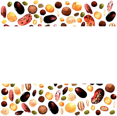 watercolor pattern of seeds on a white background. red beans, peas, chickpeas, seeds, rice, mashed...