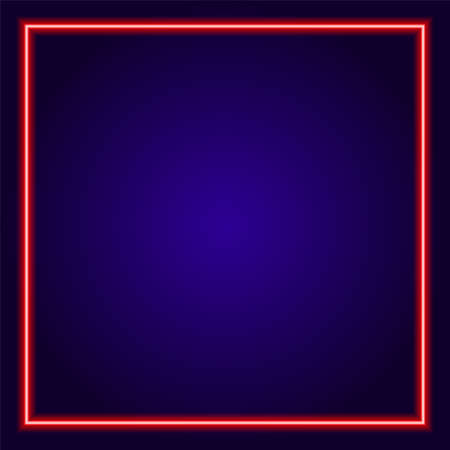 red neon square. the frame is square in shape, glows in the dark with red lines, with an empty space inside for the text on a dark blue background for the design templateのイラスト素材