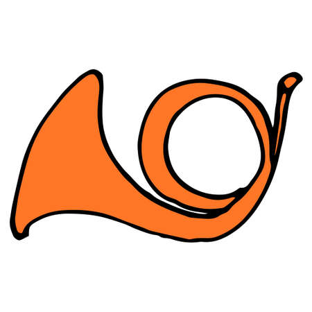 the musical trumpet icon. a hand-drawn curved tuba, an orange-colored musical instrument in the style of doodles, an isolated black outline is often placed on a white backgroundのイラスト素材