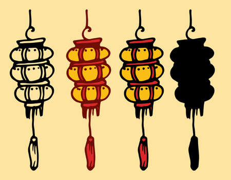 oval-shaped Chinese lanterns. a set of isolated elements of a Japanese street lamp, consisting of several yellow ovals with red stripes, with a tassel. isolated black outline and silhouette on yellow background for design template. Vintage vector illustration.のイラスト素材