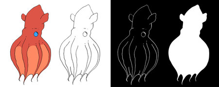 red sketch, Vampire squid. a hand-drawn set of marine animal squid with ears, isolated contour and...