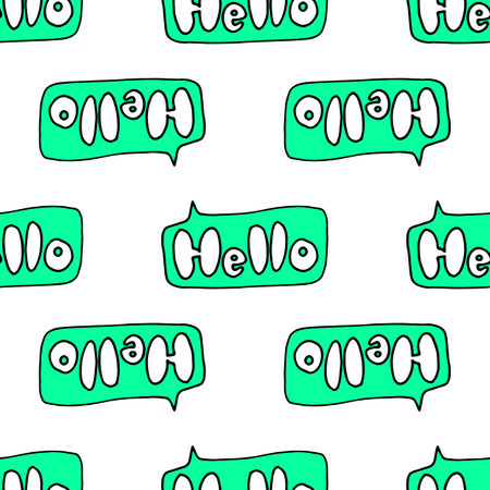 Sketch a pattern of green hello. seamless pattern of a rectangular speech bubble with a hand-drawn greeting on a green background in white with a black outline, a funny background for a design template for teenagersのイラスト素材