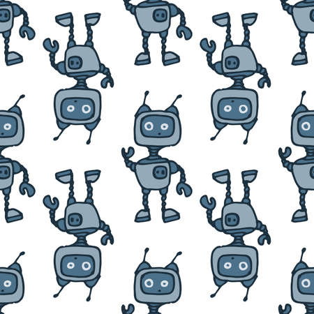 Vector a pattern of gray robots. a seamless pattern of hand-drawn cartoon robots in the style of doodles, with hands and on wheels with antennas, often located of gray-blue color in a flat style on white for a design template. Technology vector illustration.のイラスト素材