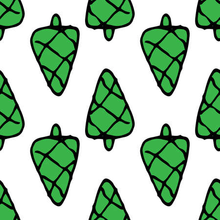 Vector The PATTERN of a green Christmas tree for Christmas. Seamless pattern of triangular-shaped green wood, drawn in the style of doodles with a striped texture and a black outline for a New Year's holiday design template.のイラスト素材