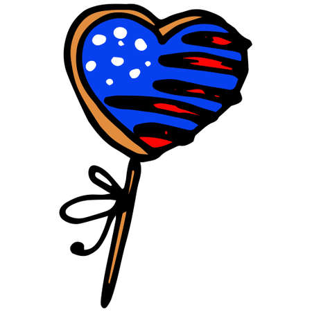 Doodle donut american flag, great design for any purposes.Vector baked in a heart with icing with the symbols of the US flag.a heart-shaped baked treat painted on a stick with white stars on a blue background and red and white stripes, on white for a design templateのイラスト素材