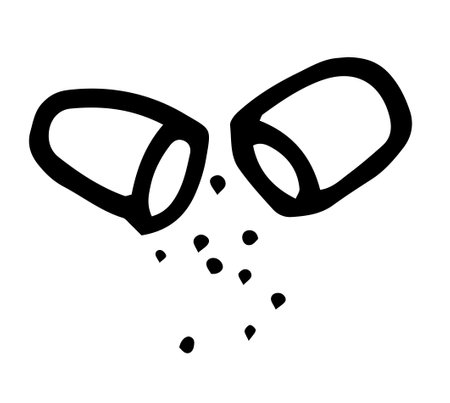 the capsule icon is open with granules. a doodle-style icon, an open long pill with dots of medicine, an isolated black outline on white.Line art icon with doodle capsule tablet for healthcare design. Isolated vector illustrationのイラスト素材
