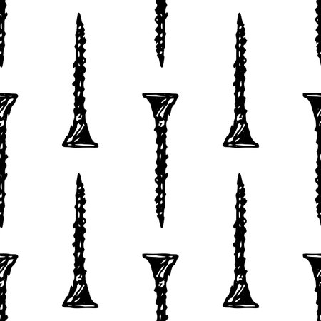 Black pattern sketch self-tapping screw in vintage style on white background. seamless pattern of self-tapping screw, .A self-tapping screw drawn by hand in a sketch style with a black line is often positioned on white for a packaging design templateのイラスト素材