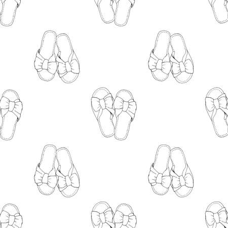 pattern of women's slippers. seamless pattern of hand-drawn house slippers with sketch-style bows, isolated contour black vintage label design template, packaging and logo. home shoes. Doodle vectorのイラスト素材