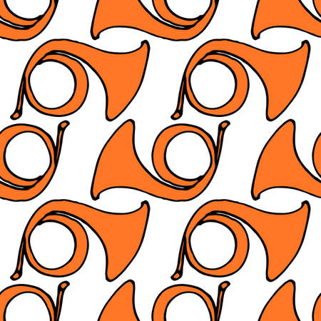Vector a pattern from an orange musical trumpet. seamless pattern of a hand-drawn curved trumpet, an orange-colored musical instrument in the style of doodles, with a black outline often placed on a white background. Retro style.のイラスト素材