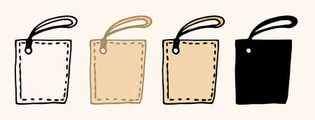 Vector vintage tag for gift. hand-drawn in doodle style, black outline and silhouette, and brown color elements of rectangular tags with a string on a white background of the loy design template. Doodle gift labels rectangular in vintage style on white background.のイラスト素材