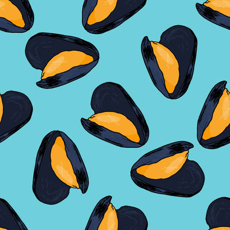 vector the pattern of an open orange mussel with a gray shell. seamless hand-drawn pattern in the style of a sketch of seafood mussels randomly arranged on blue for a design template, packaging, menu. Restaurant food.のイラスト素材