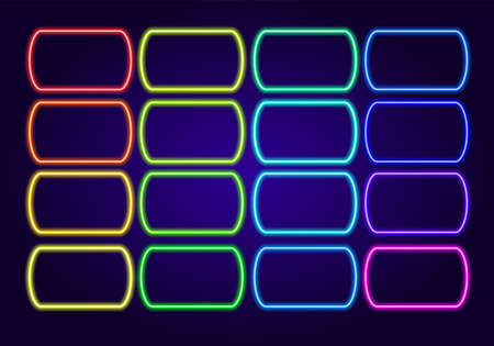 A set of colorful neon frames. Vector illustration of bright multicolored rectangular horizontal templates, glowing in the dark, with an empty space inside for text for a design template. Vector design banner.のイラスト素材