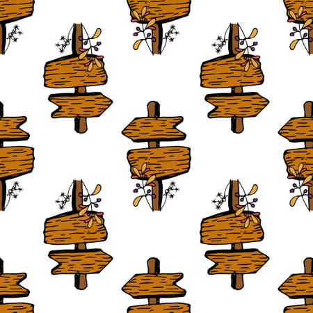Vector a pattern of pointers from the tree of autumn nature. seamless pattern of vintage brown pointer with twigs of leaves and berries in color on white for a design template. Doodle wooden pointers autumn in sketch styleのイラスト素材
