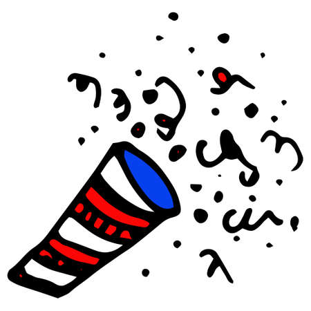 Red doodle firecracker confetti firecracker on black background. Holiday, birthday.a firecracker in the colors of the American flag. hand-drawn doodle in the style of an isolated striped firecracker, with confetti of dots and spirals, with a pattern of white, red and blue stripes with a black outline on white isolated for a patriot design templateのイラスト素材