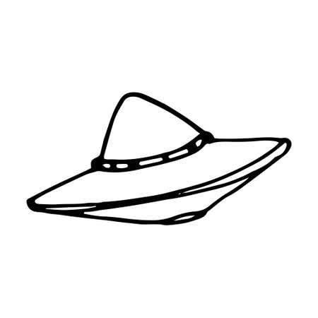 linear vector flying saucer UFO. the alien ship is hand-drawn in the style of doodles, black isolated outline on white for the cosmos series design templateのイラスト素材