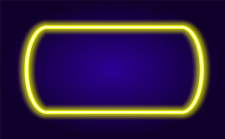neon yellow rectangle. Vector illustration of a bright rectangular horizontal template with rounded edges, glowing yellow in the dark, with an empty space inside for the text for the design template. Vector design banner.のイラスト素材