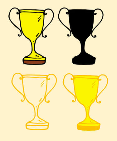 Vector gold cup.gold cup set in flat style. A doodle-style yellow doodle cup with a black outline and silhouette is a reward, side view. the winner's symbol on a white background for the design template. A doodle-style yellow cup with a black outline on a brown stand is a reward, side view. the number one winner symbol on a white background for the design template. Gold doodle cup award yellow in vintage style on golden background. Isolated object. Winner symbol.のイラスト素材