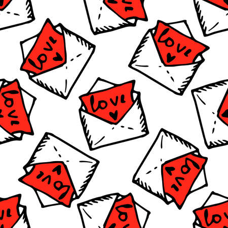 Vector illustration for your graphic design. a pattern from a letter with red love. seamless pattern of a hand-drawn doodle-style open envelope with recognition on white for a Valentine's holiday templateのイラスト素材