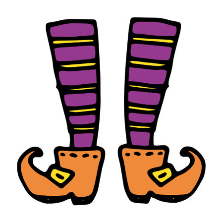 the leprechaun's legs are orange and purple. gnome's feet hand-painted in doodle style, purple socks, with orange shoes with gold buckles. Vector drawing.のイラスト素材