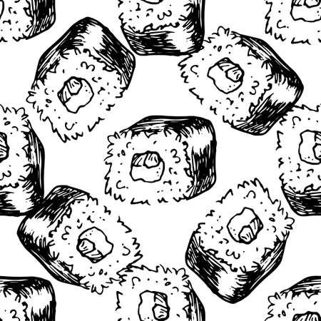 seamless sushi roll pattern. Hand-drawn geometric pattern of sushi roll in Japanese style, square shape with rice and stuffing isolated black outline on white for the design of the packaging template, flyers, menu. Japanese food.のイラスト素材