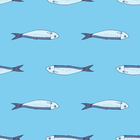 a pattern of grey blue sardines. Seamless drawing of a hand-drawn sketch of a small sardine fish, blue-gray with a blue outline, side view, on blue for a design templateのイラスト素材